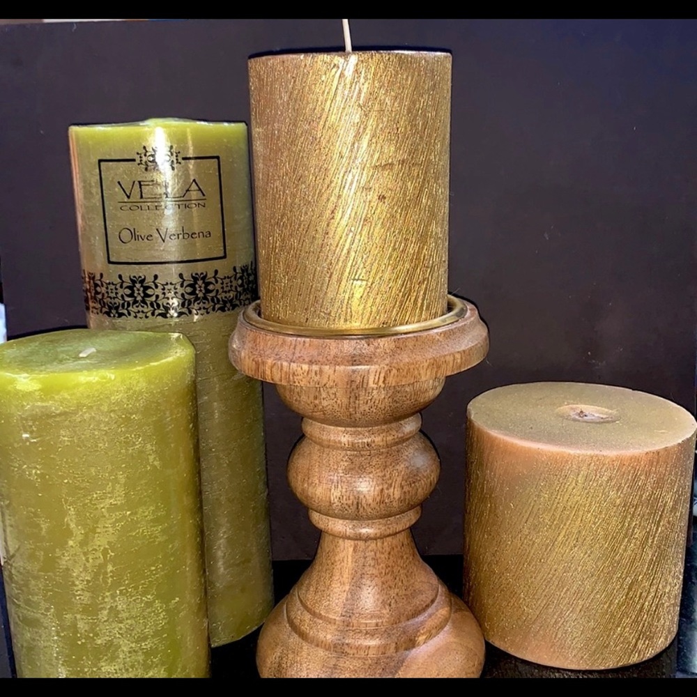 NWT Gold or Green Candle Set w/Teak Pillar Holder